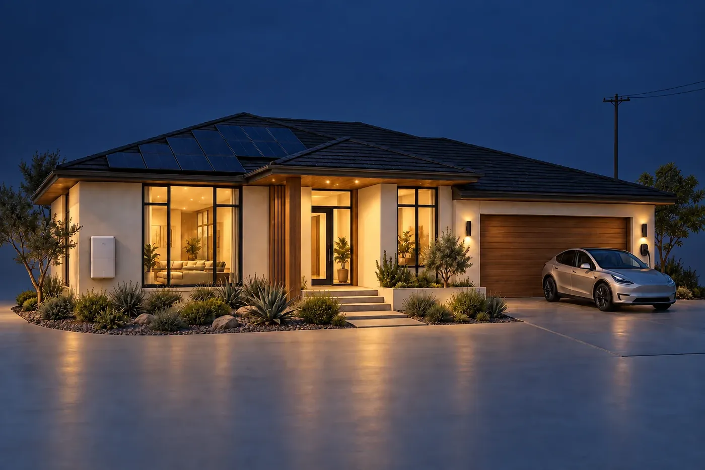 Modern home at dusk with a wall-mounted home battery and an EV in the driveway