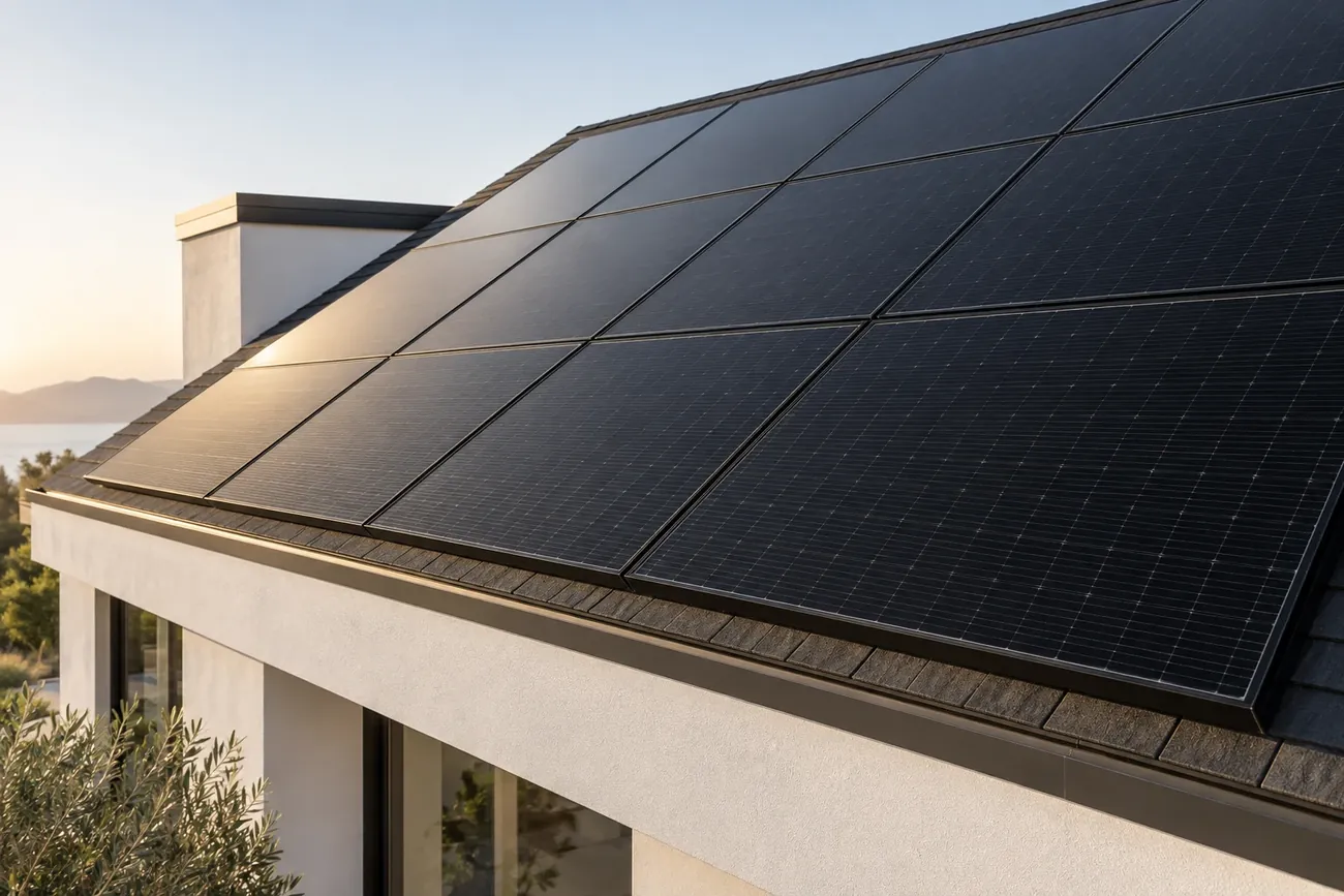 Rooftop solar array on a modern home installed by Volt Home